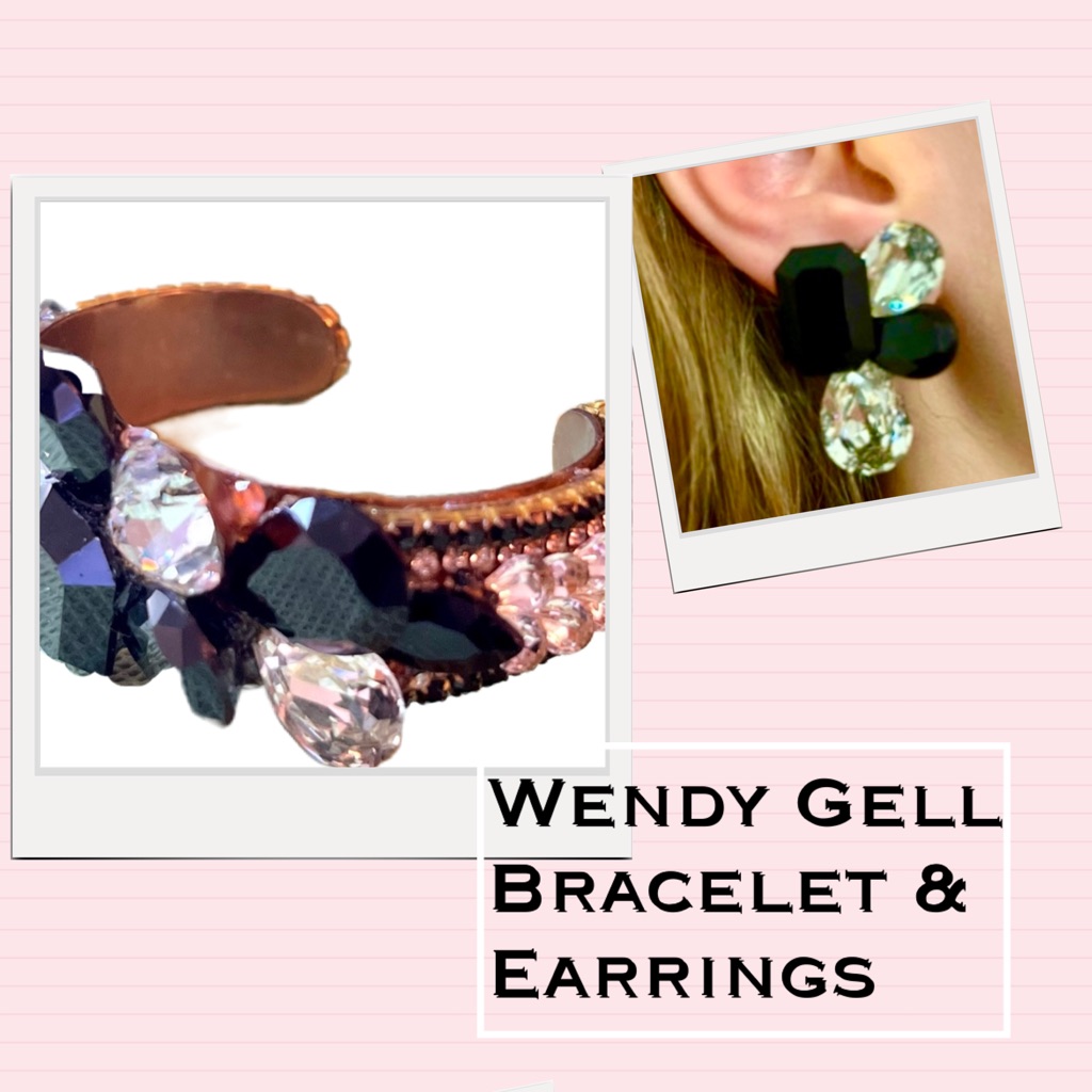 Vtg Wendy Gell Metal Bracelet/Earrings Set W/Lg Black & Clear Swarovski Crystals